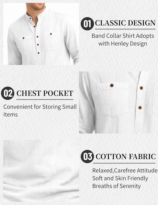 Image of ROYALSCOUT Men's Cotton Polyester Blend Kurta Style Shirt with Mandarin Collar, Half Button Placket, Dual Chest Pockets, Long Sleeve Casual Ethnic Fusion Wear for Office, Festive and Daily Use