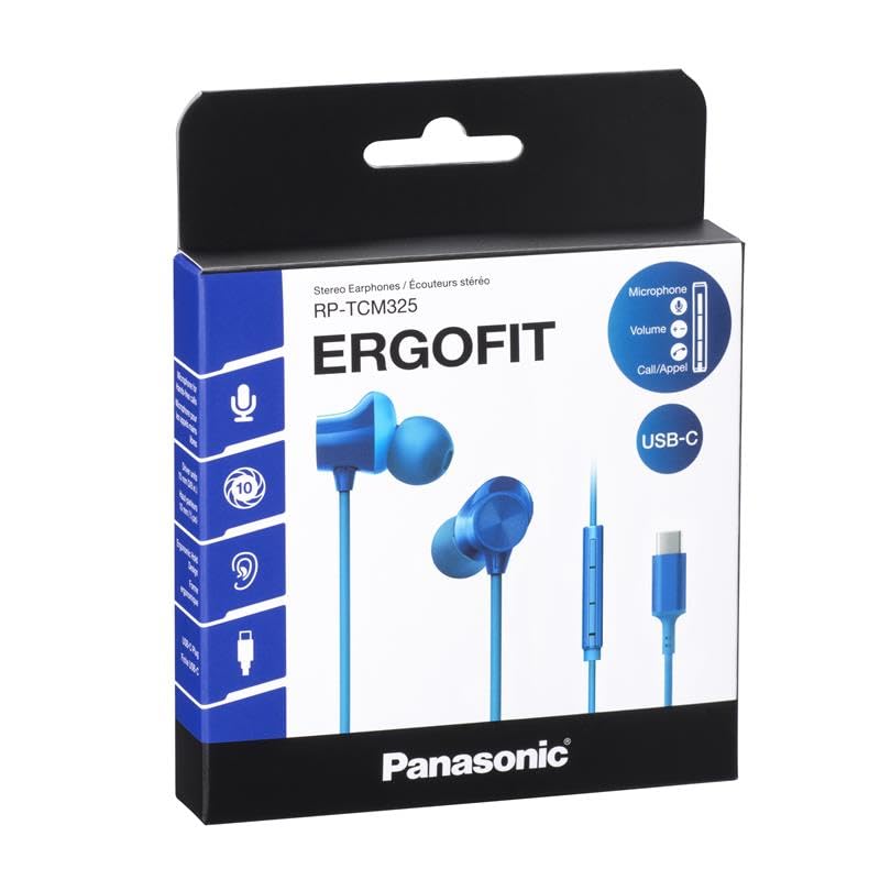 Image of Panasonic ErgoFit Wired Earbuds, in-Ear Headphones with Microphone and Call Controller, Ergonomic Custom-Fit Earpieces (S /M /L), USB-C Compatible - RP-TCM325-A (Blue)