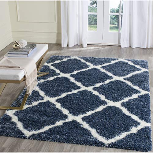 SAFAVIEH Montreal Shag Collection Area Rug - 6'7" Square, Blue & Ivory, Trellis Design, Non-Shedding & Easy Care, 2-inch Thick Ideal for High Traffic Areas in Living Room, Bedroom (SGM866A)