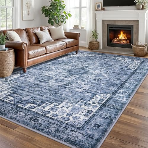SIILOOM 8x10 Oriental Area Rug Blue, Vintage Floral Large Washable