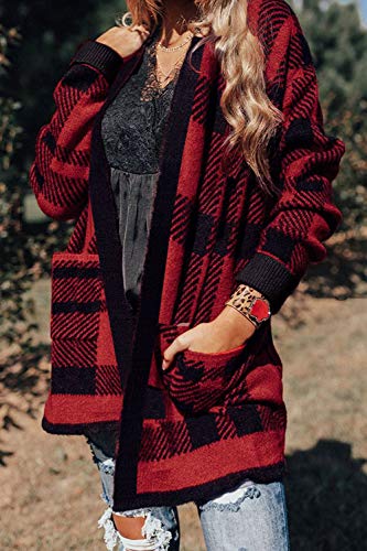 Zesica Women's Long Sleeves Open Front Leopard Print Knitted Sweater Cardigan Coat Outwear,Red Plaid,Medium #TOP6