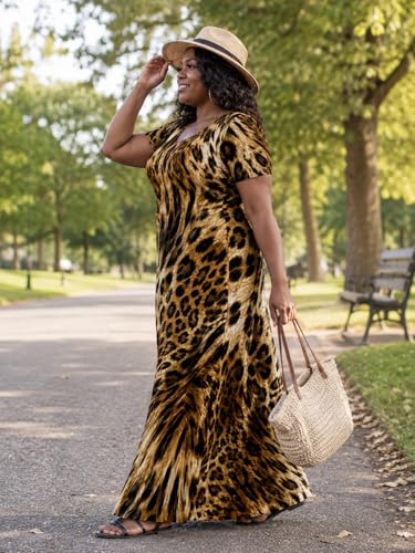 Image of SUZONANA Plus Size Maxi Dress for Curvy Women Summer Casual Sundress Short Sleeve Loose Vacation Dress