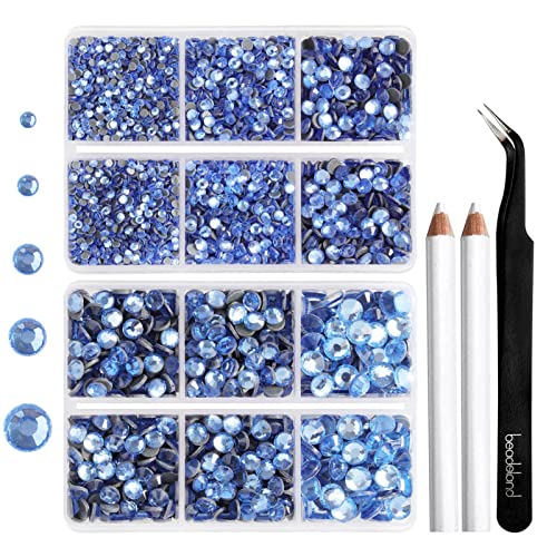 Image of 6736pcs Hotfix Rhinestones Flatback,Blue Rhinestones for Crafts Clothes Mixed 5 Sizes, Hotfix Crystals with Tweezers and Wax Pencil Kit, SS6-SS30,Lt.Sapphire