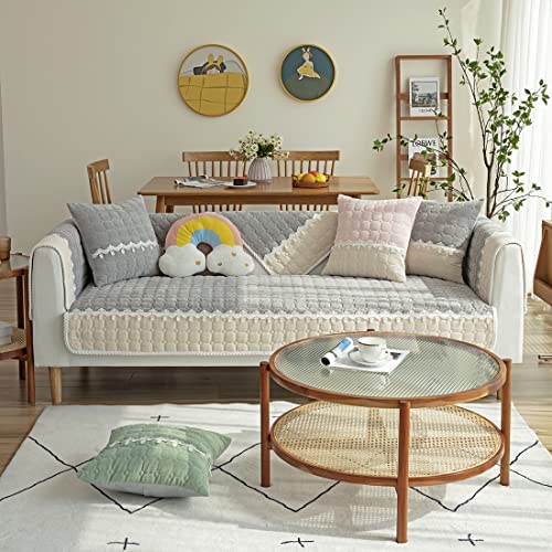 Vctops Corduroy Sofa Cover Couch Covers Plaid Quilted Patchwork Sectional Couch Cover Anti-Slip Slipcover For Kids Dogs Pets Love Seat Recliner Armrest Backrest Cover, 1 Piece (Lightgrey,43"X63") #TOP1