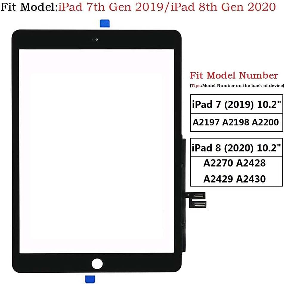 Touch Screen Digitizer for Black iPad 7/8 2019 2020 7th/8th Generation 10.2" A2197 A2198 A2200 A2270 A2428 A2429 A2430 Front Glass Assembly Replacement with Toolkit(Without Home Button)