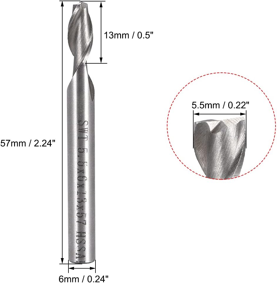uxcell 5.5mm Cutting HSS-AL Spiral Drill Bit Straight End Mill Cutter 2 Flute with 6mm Shank