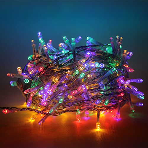 Luccika serie stringa luminosa di luci da 5 Metri con 100 Led Multicolore per albero di Natale da Esterno ed Interno controller 31V con 8 giochi di luce e Memoria cavo trasparente