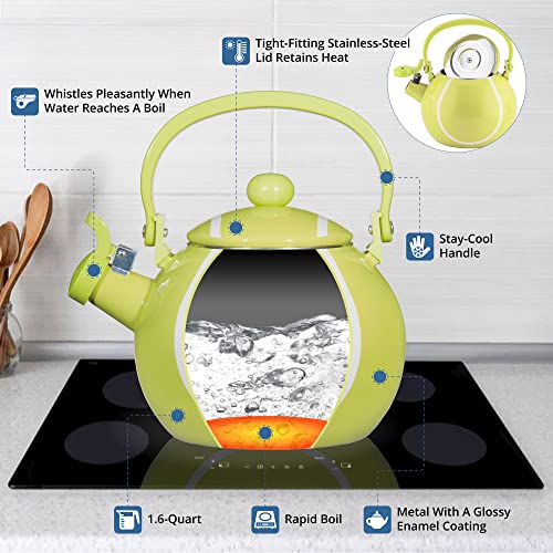 Whistling Tea Kettle For Stove Top Enamel On Steel Teakettle, Supreme Housewares Tennis Ball Design Teapot Water Kettle Cute Kitchen Accessories Teteras (1.6 Quart, Tennis) #TOP2