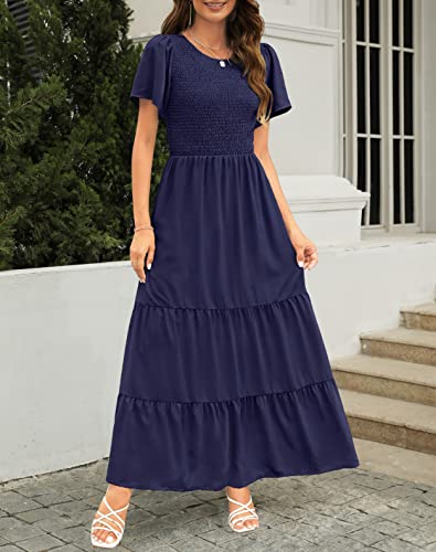 Image of Kranda Women Summer Round Neck Flutter Short Sleeve Smocked Ruffle Tiered Solid Color Maxi Long Dress 2023