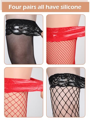 Image of Bencailor 4 /6 /12 Pairs Fishnet Thigh High Stocking for Women Silicone Lace Top Sheer Over Knee Stockings