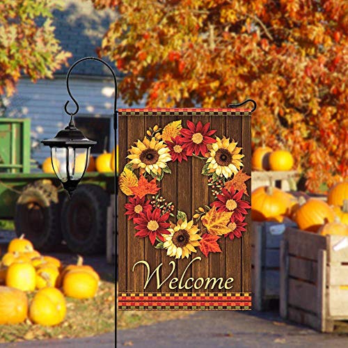 Alaza Welcome Wreath Sunflower Maple Leaves Cabin Double Sided House Flag Garden Banner 28" X 40", Flowers Wreath Summer Spring Autumn Fall Garden Flags For Anniversary Yard Outdoor Decoration #TOP2