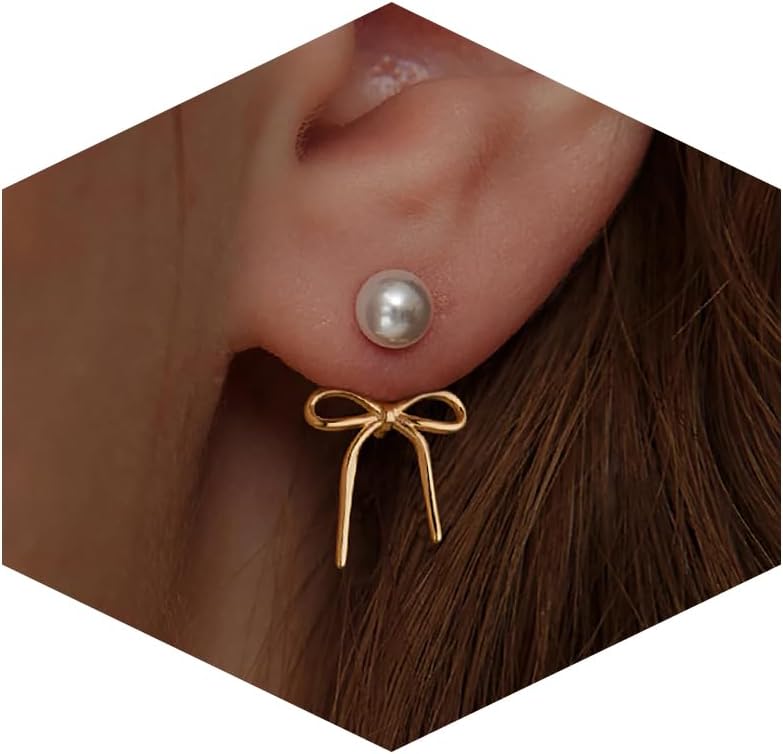 14K Gold Plated/Silver Earrings for Women Trendy, Dainty Bow Earrings for Women Cute Pearl Huggie Earring Hoops Twist Rope Bow Stud Pearl Dangle Cubic Zirconia Earrings Jewelry Gifts