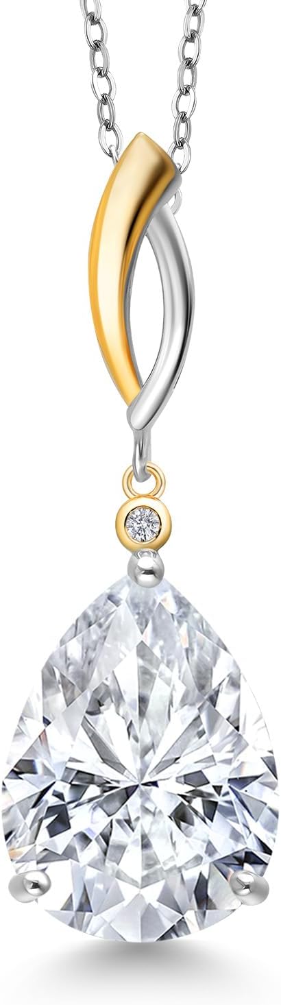 Gem Stone King 925 Silver and 10K Yellow Gold White Moissanite and White Lab Grown Diamond Pendant Necklace for Women | 9.19 Cttw | Pear Shape 16X12MM | With 18 Inch Chain
