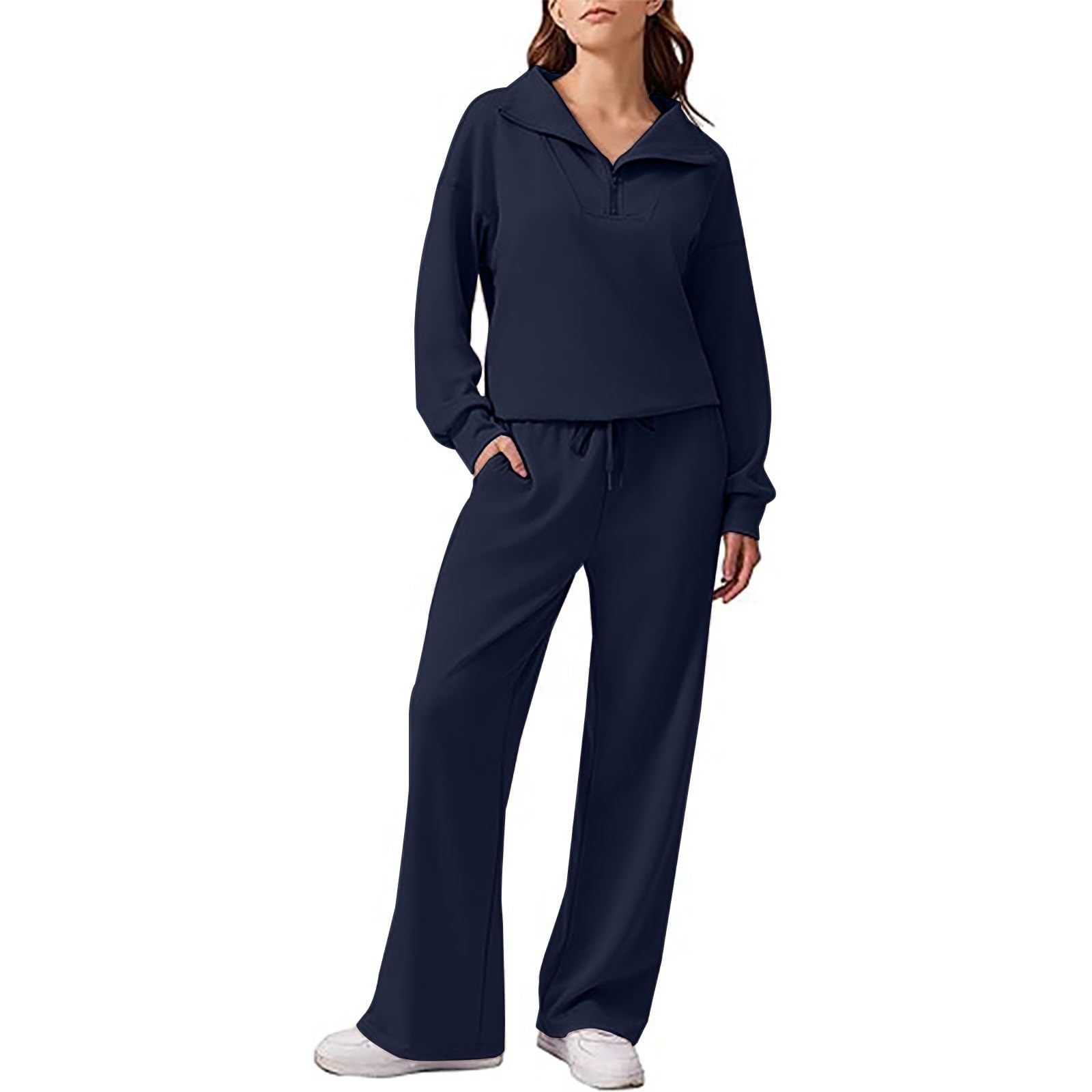 Tuta da jogging da donna, taglie grandi, tuta sportiva da donna per fitness | Felpa con cappuccio a mezza cerniera, a gamba larga, pantaloni da fitness, tuta da allenamento, tinta unita, 2 pezzi