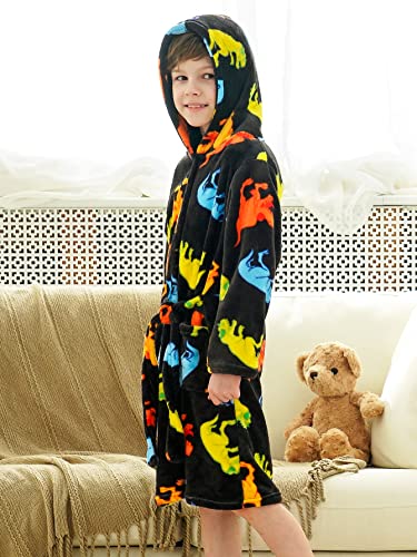 Doctor Unicorn Boys Soft Hooded Bathrobe Kids Warm Gamer Fleece Robe Sleepwear (Black Dinosaur - 12-13 Years) #TOP2