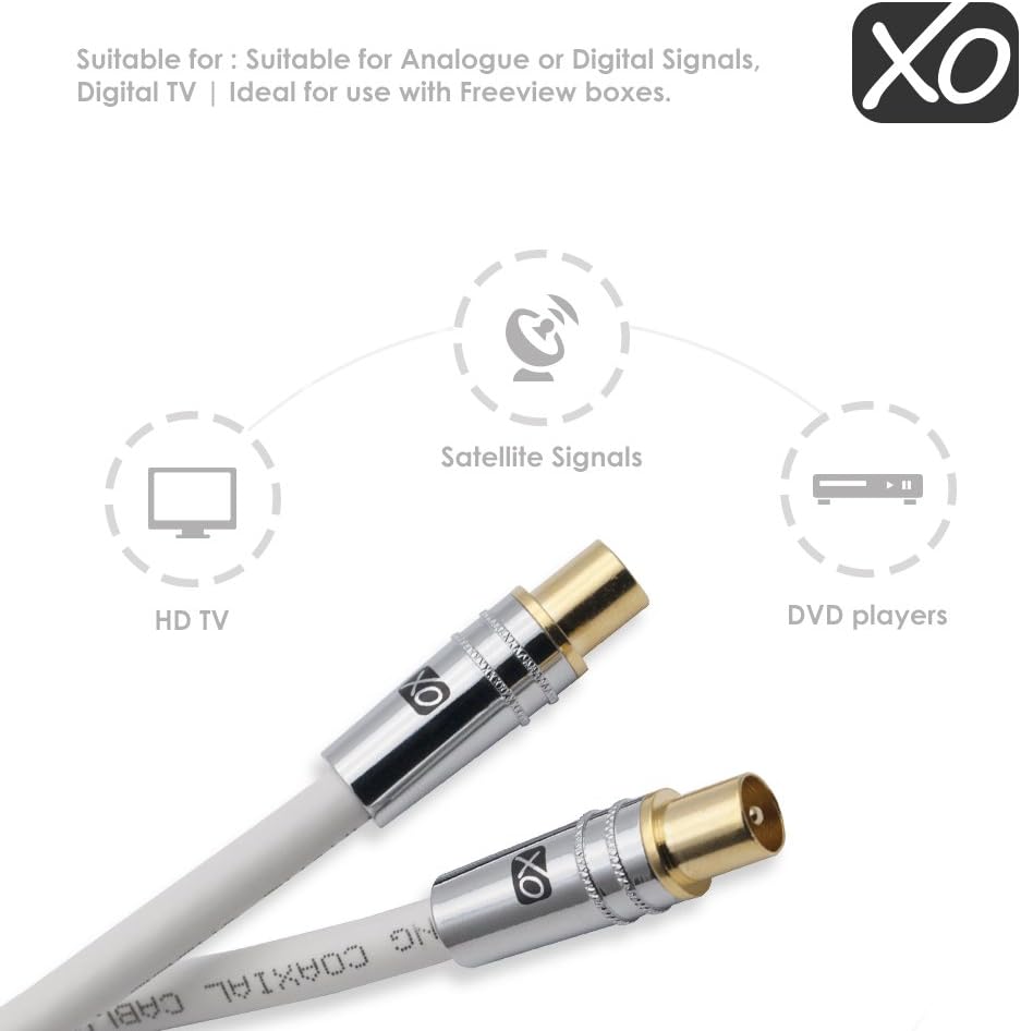 XO, 2m Male to Male Shielded TV/AV Aerial Coaxial Cable with Gold Plated Connector and Metal Plug For UHF/RF TVs, VCRs - Image 4