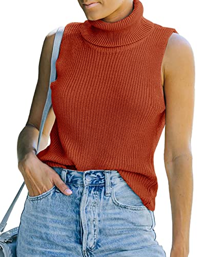 Image of Womens Sleeveless Sweater Vest Turtleneck Ribbed Knit Tank Tops Basic Slim Fit Top