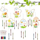 18x Osterdeko Windspiel Bastelset Ostergeschenke Kinder, Holz Ostern Basteln Kinder, Osterhase Ostereier Blumen Schmetterlinge Wichtel, Bastelhandwerk zum Bemalen für Osterndeko Mädchen Junge