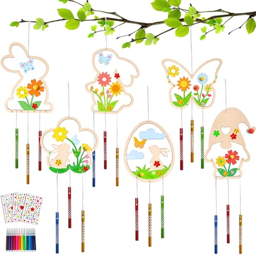 18x Osterdeko Windspiel Bastelset Ostergeschenke Kinder, Holz Ostern Basteln Kinder, Osterhase Ostereier Blumen Schmetterlinge Wichtel, Bastelhandwerk zum Bemalen für Osterndeko Mädchen Junge