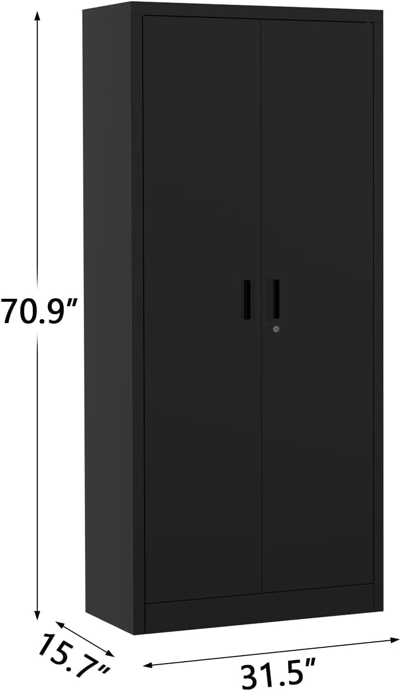 71" Metal Garage Storage Cabinet with 2 Doors and 4 Adjustable Shelves, Steel Lockable File Cabinet, Locking Tool Cabinets for Pantry, Garage, Office, Shop, Organization, Etc, Black