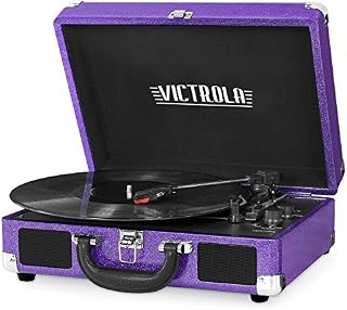 Victrola Vintage 3-Speed Bluetooth Suitcase Turntable with Speakers, Purple Glitter