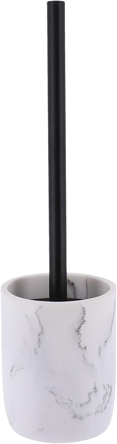 White Marble Toilet Brush and Holder Set – Modern Resin Base with Black Steel Handle – Durable Bathroom Accessory for Deep Cleaning, Ideal for Compact, Contemporary Spaces