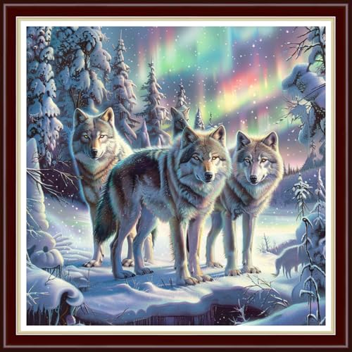 Image of Joyhoor Cross Stitch Kits for Beginners Stamped Cross-Stitch Supplies Needlework preprint Embroidery Kits for Adults DIY Needlepoint Kit Embroidery Patterns 11CT-Snow Wolf 18x18 inch