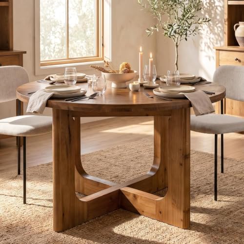 Tribesigns 39.4″ Solid Wood Round Dining Table, Farmhouse Kitchen Table for 2-4, X-Cross Legs, Space-Saving Circle Dinner Table for Dining Room, Easy Assembly, Rustic Brown - Image 5