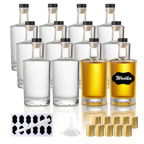YBCPACK 12 Stück 100ml Glasflaschen zum Befüllen, Kleine Schnapsflaschen mit Korken, Schrumpfkappe, Trichter, Etiketten - Leer Likörflaschen Perfekt für Liköre, Schnäpse und Säfte