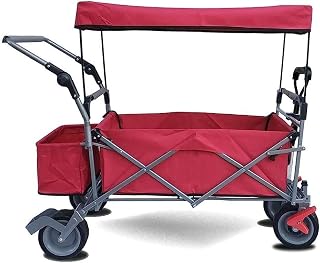 Folding Wagon Cart, Portable Hand Truck Trolleys, Folding Trolley Cart Heavy Duty Wagon with Canopy Multi-Function Shopping Cart for Outdoor Camping Beach Pull Truck with 4 Wheels, Load：150Kg/Red