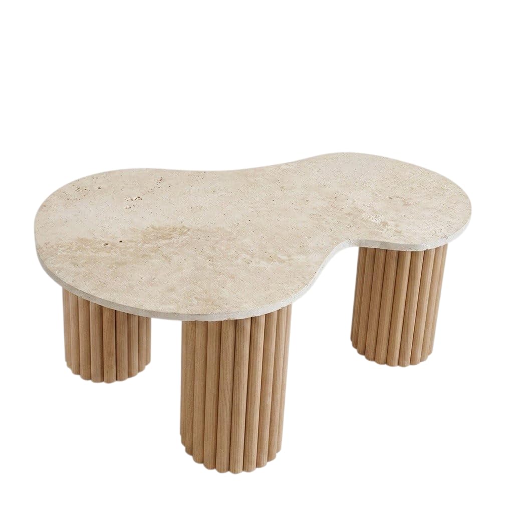 Table basse poire travertin et bois cannelé pour un salon chaleureux et design