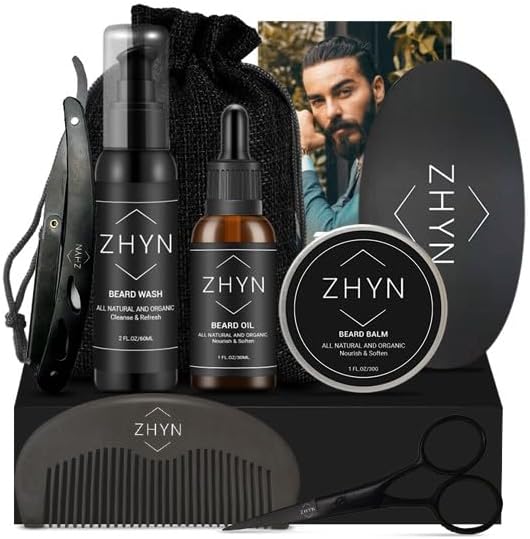 Bear Grooming Kit for Men by ZHYN - 7 Piece Beard Care Kit with Beard Wash, Pil, Balm, Comb, Scissors, Razor and Travel Bag - Gift Set for Men
