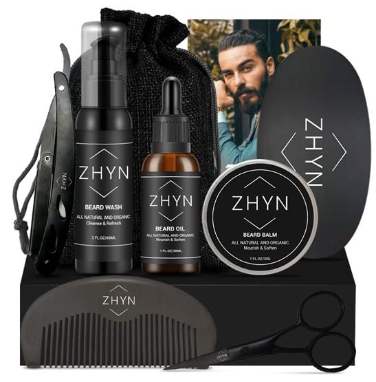 Bear Grooming Kit for Men by ZHYN - 7 Piece Beard Care Kit with Beard Wash, Pil, Balm, Comb, Scissors, Razor and Travel Bag - Gift Set for Men