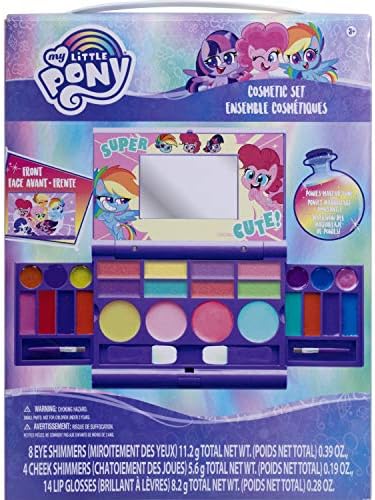 Townley Girl My Little Pony Hasbro Cosmetic Compact Set with Mirror 14 Lip glosses, 4 Cheek Shimmers, 8 Eye Shimmer Portable Foldable Washable Make Up Beauty Kit Box Toy Set for Girls Kids Tweens