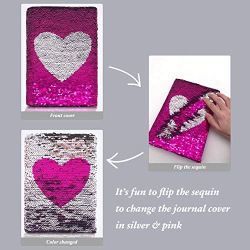 GINMLYDA Girls Diary, Reversible Sequin Girls Notebook 180 Lined Pages 8.5 x 5.5 Secret Diary for Girls Flip Sequence Sliver Heart to Rose Red Perfect Personalised Gifts for Girls age 7 8 10 13 14