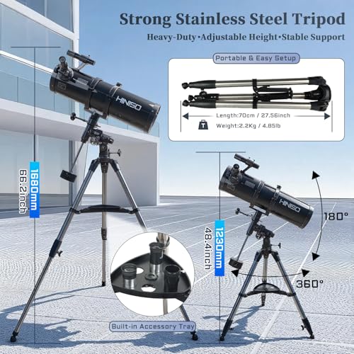Image of HINISO 150EQ Astronomical Telescope for Adults, Beginners & Students | 150mm Newtonian Reflector with Equatorial Mount | Moon & Planet Viewing | Bluetooth Remote, Phone Adapter & Tripod