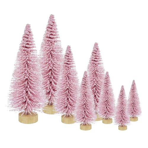 8 Pcs Artificial Mini Christmas Trees, Miniature Pine Trees Sisal Trees with Wood Base Tabletop Christmas Tree for Christmas Xmas Holiday New Year (Pink, 8 pcs)