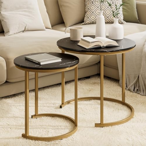 HEYZOEY Couchtisch Rund 2er Set, Wohnzimmertisch, Beistelltische Gold Metall, Kaffeetisch für Sofatisch, Wohnzimmer, Schlafzimmer, Schwarz Ink Gold