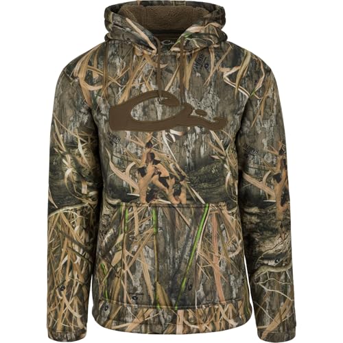 Drake Waterfowl Men's LST Silencer Hunting Warm Anti-Pilling Hoodie with Soft Feel Combed Fleece Interior & Kangaroo Pouch, Mossy Oak Original Shadow Grass Habitat, Small