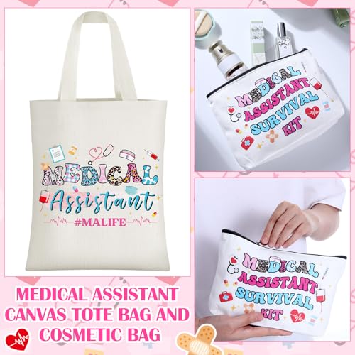 6 Pcs Medical Assistant Gift Set for Women Canvas Tote Bag Cosmetic Bag 16oz Glass Cup Pink Glitter Badge Reel Novelty Socks Unique Appreciation Gifts for Medical Assistants Week3