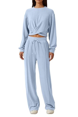 QINSEN Women 2 Piece Outfits Sweatsuit Set Twist Front Cropped
