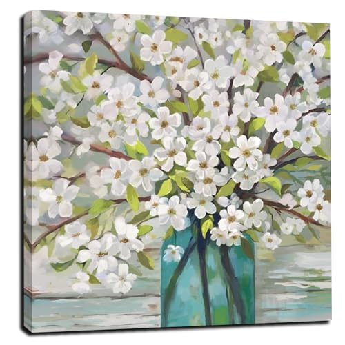 LAIART Spring White Flowers Wall Art Rustic Wall Decor Canvas