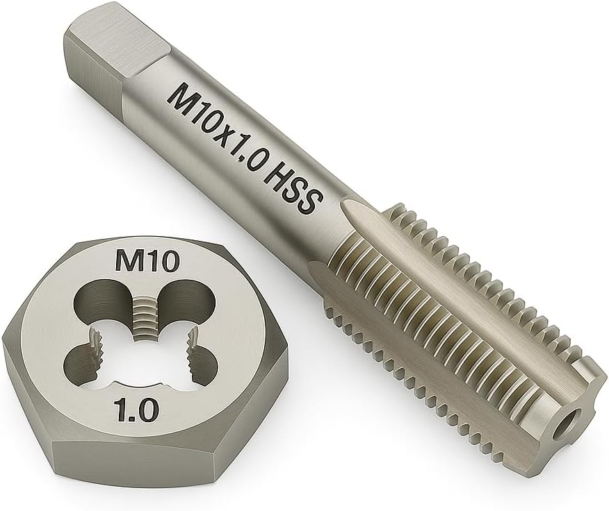 M10x1.0 Metric Tap and Die Set Right Hand HSS Tap & GCr15 Hex Die for Metal Thread Repair