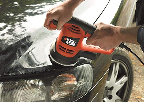 Black+Decker Excentrická bruska (480 W včetně pytle na prach, systém suchého zipu, včetně 3 brusných kotoučů, měkké rukojeti, 3 m kabel, k broušení nebo leštění) KA191EK