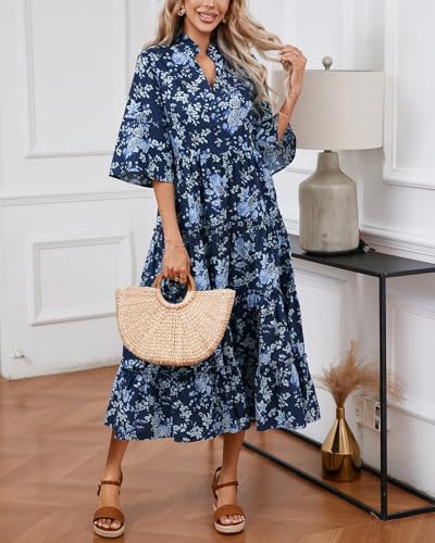 Women's Floral Ruffle Midi Dress V Neck Bell Sleeve Flowy Tiered Long Dress3