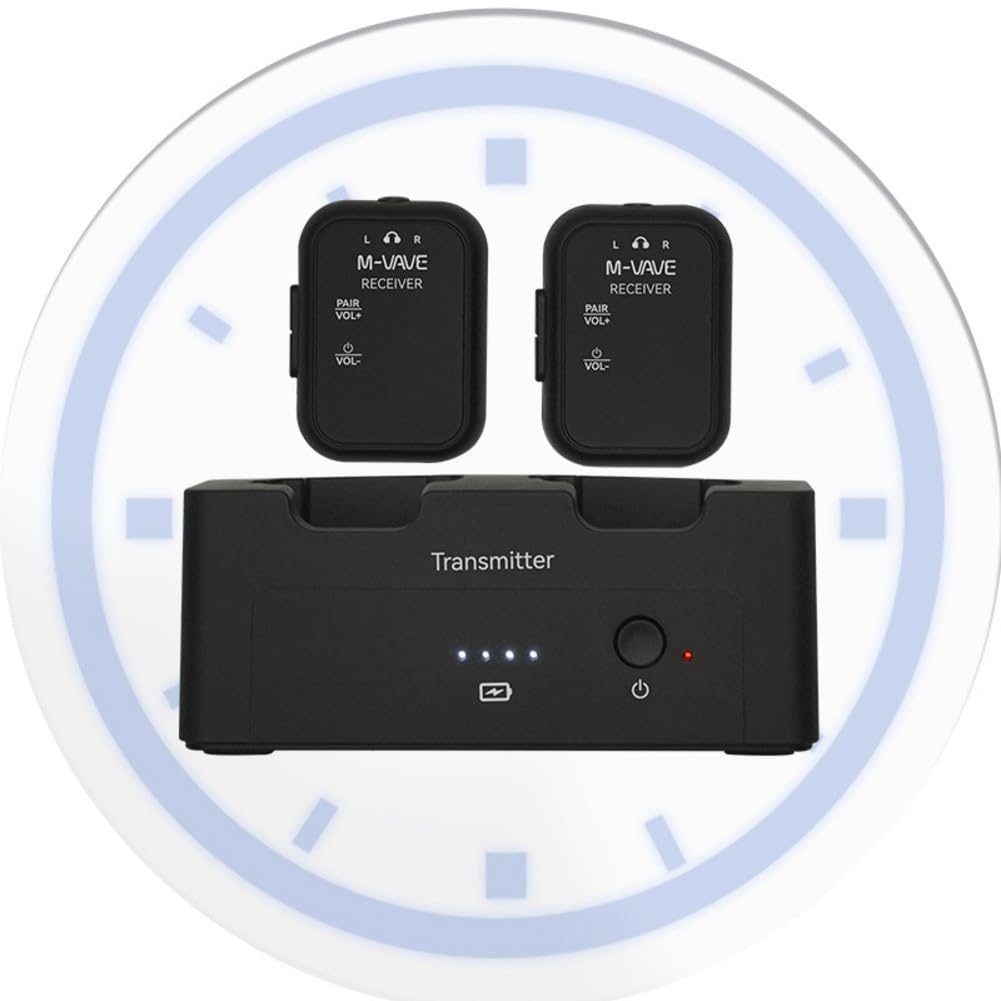 Sistema di monitoraggio auricolare wireless per M-VAVE WP-12, trasmettitore audio senza perdita di 24 bit/48 kHz con portata di 30 m, ricevitori da 1 a 2, batteria 24H