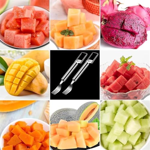 Image of 2-in-1 Watermelon Cutter & Fork Slicer, Stainless Steel Fruit Cutter Tool, Portable Watermelon Slicer Fork for Home, Kitchen, Camping & Party Use