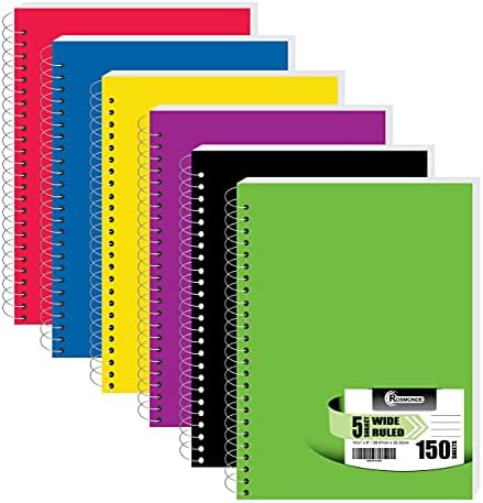 Rosmonde 5 Subject Spiral Notebooks Wide Ruled, 6 Pack, 300 Pages (150 Sheets), 8 x 10-1/2", School & Office Notebook, Sturdy Spiral Bound, Soft Cover, Assorted Fun Colors, 5 Subject Notebook, Journal