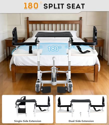 Image of Patient Lift Transfer Chair, 6 in 1 Patient Lift Chair with 180Split Seat for Home, Height Adjustable Portable Lift Nursing Chair with 4 Casters, Commode & Seat Cushion for Seniors Elderly, 350LBS
