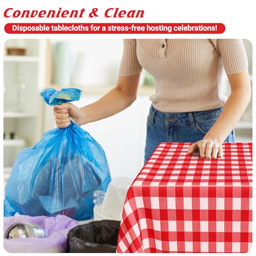 Image of 12Pack 54 inch x 108 inch Table Cloth Rectangle Table, Waterproof Plastic Table Cloth Ddisposable, Red and White Checkered Tablecloth Table Cover for Outdoor Picnic Birthday Party Gathering BBQ Holiday Dinner